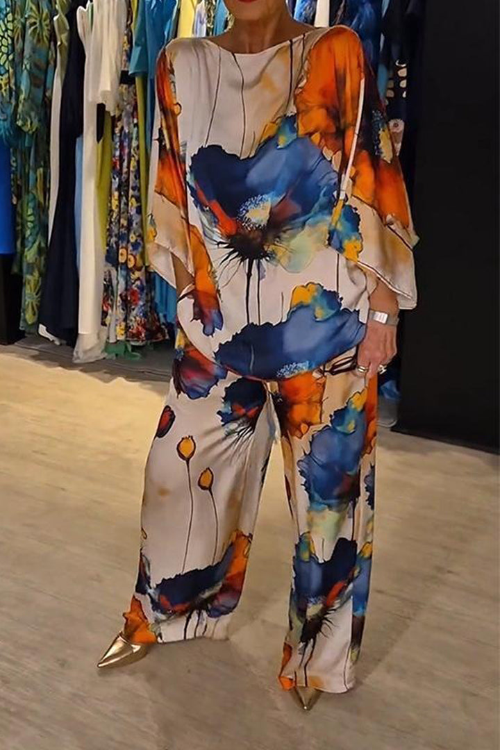 Blomstrete bluse og buksesett for kvinner