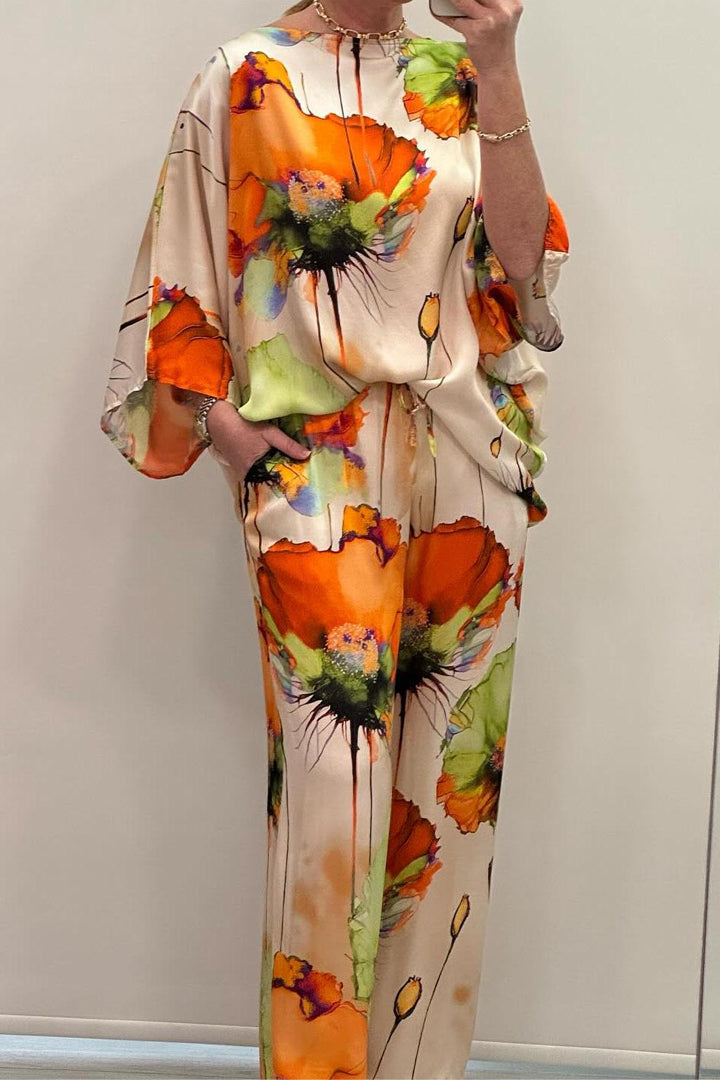 Blomstrete bluse og buksesett for kvinner