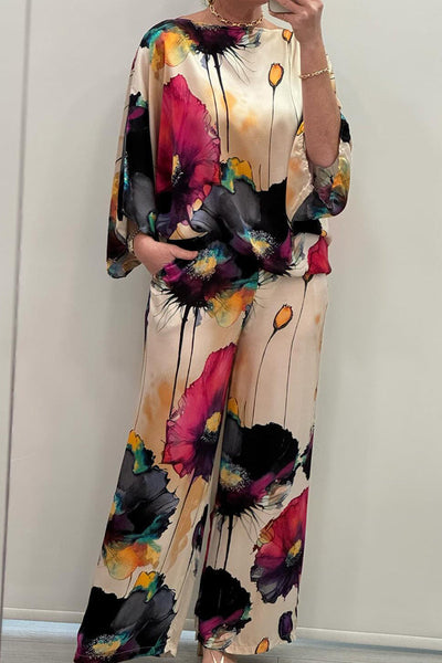 Blomstrete bluse og buksesett for kvinner