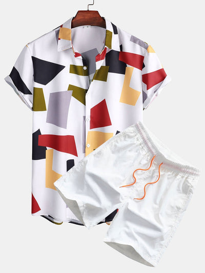 Skjorte og badeshorts med geometrisk fargeblokk og knapptrykk