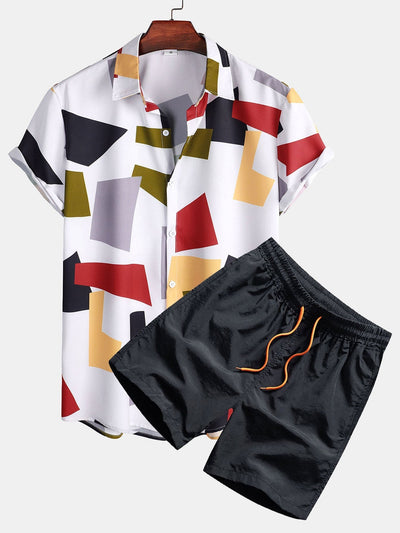 Skjorte og badeshorts med geometrisk fargeblokk og knapptrykk