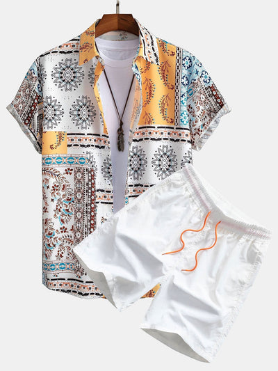 Skjorte med knapp og badeshorts med skjerfmønster