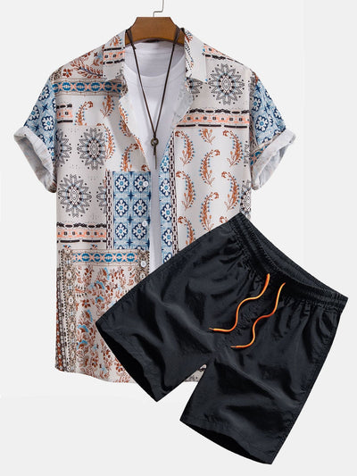 Skjorte med knapp og badeshorts med skjerfmønster