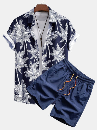 Skjorte med knapp og badeshorts med palmetreprint
