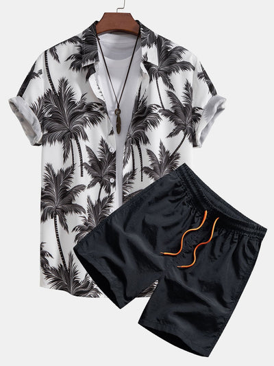 Skjorte med knapp og badeshorts med palmetreprint
