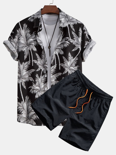 Skjorte med knapp og badeshorts med palmetreprint