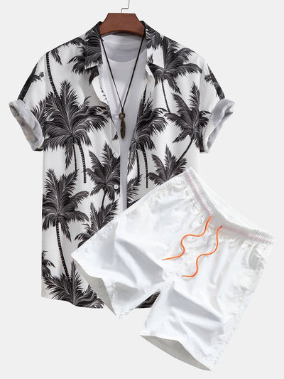 Skjorte med knapp og badeshorts med palmetreprint