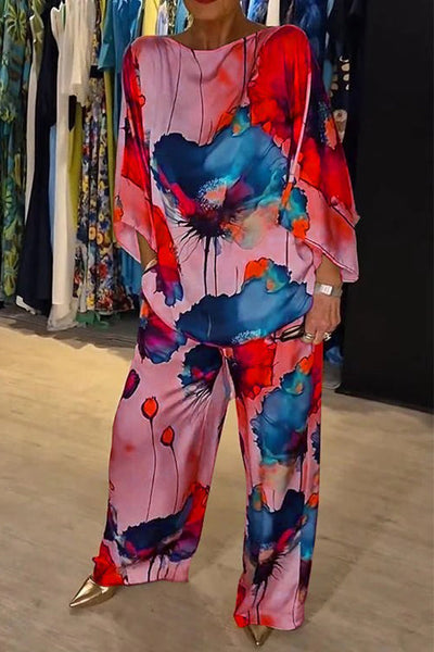 Blomstrete bluse og buksesett for kvinner