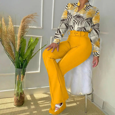 Elegant, mønstret polobluse med lange ermer og buksesett for kvinner