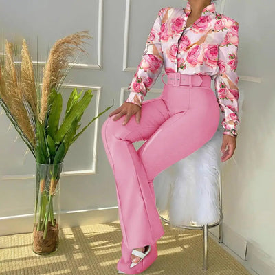 Elegant, mønstret polobluse med lange ermer og buksesett for kvinner