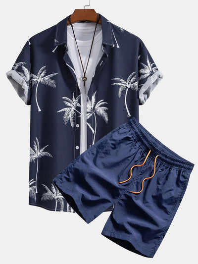 Skjorte med knappelukking og badeshorts med palmemønster
