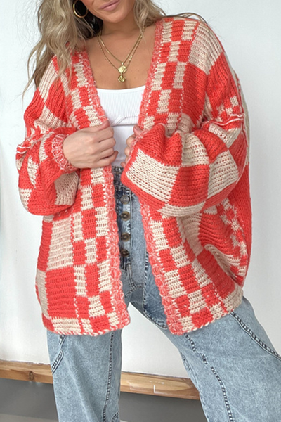 Casual oversize rutete cardigan for kvinner