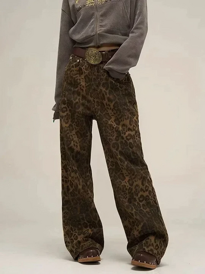 Vintage baggy bukse med løst leopardmønster for kvinner