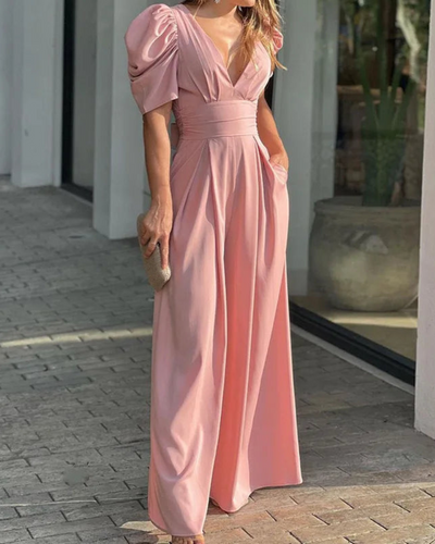 Elegant jumpsuit for kvinner med dyp V-hals, puffermer og vide ben