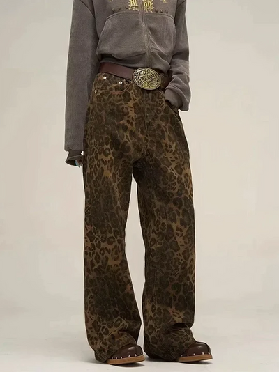 Vintage, løstsittende bukse med leopardmønster for kvinner