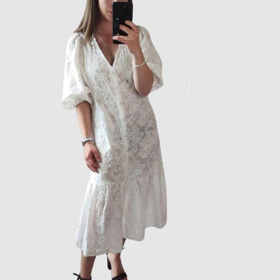 Daniella Midi-kjole med broderi og puffermer