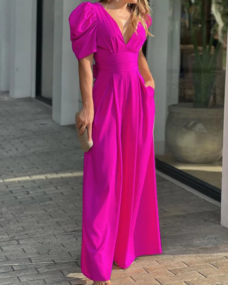 Elegant jumpsuit for kvinner med dyp V-hals, puffermer og vide ben