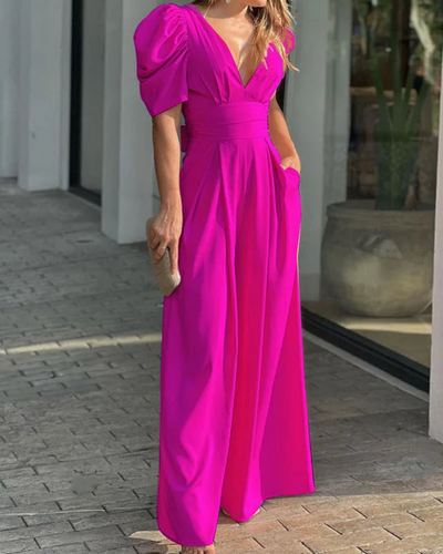 Elegant jumpsuit for kvinner med dyp V-hals, puffermer og vide ben