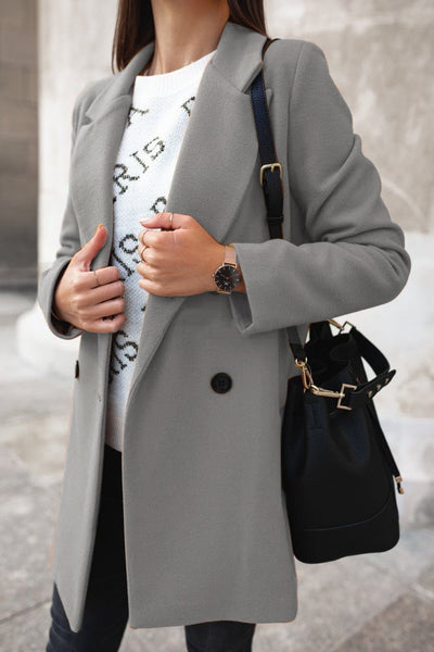 Shelly - Ny ensfarget dressjakke i ull med krage og doble knapper