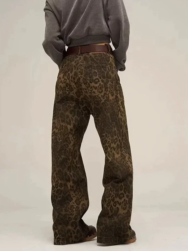 Vintage, løstsittende bukse med leopardmønster for kvinner