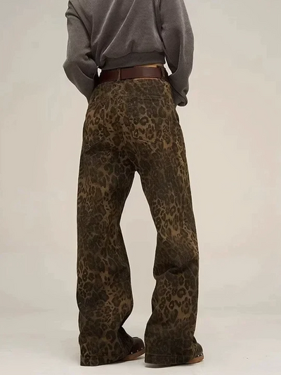 Vintage, løstsittende bukse med leopardmønster for kvinner