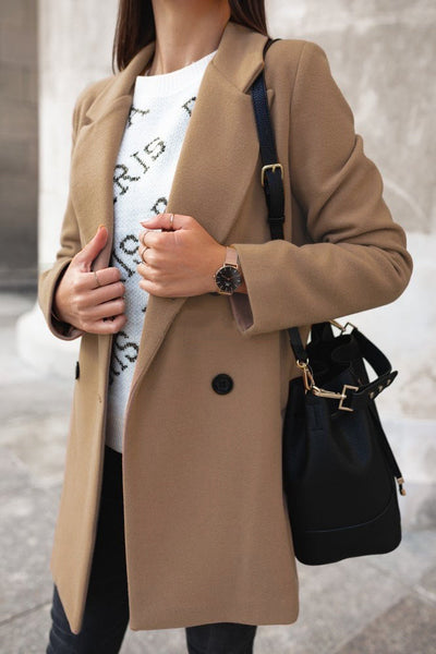 Shelly - Ny ensfarget dressjakke i ull med krage og doble knapper