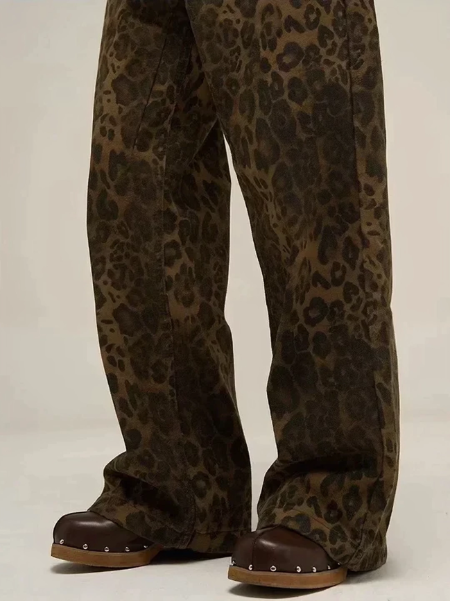 Vintage, løstsittende bukse med leopardmønster for kvinner
