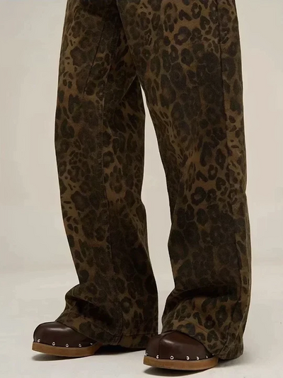 Vintage, løstsittende bukse med leopardmønster for kvinner