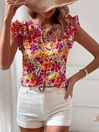 Elegant bluse med rund hals, blomstertrykk og volanger