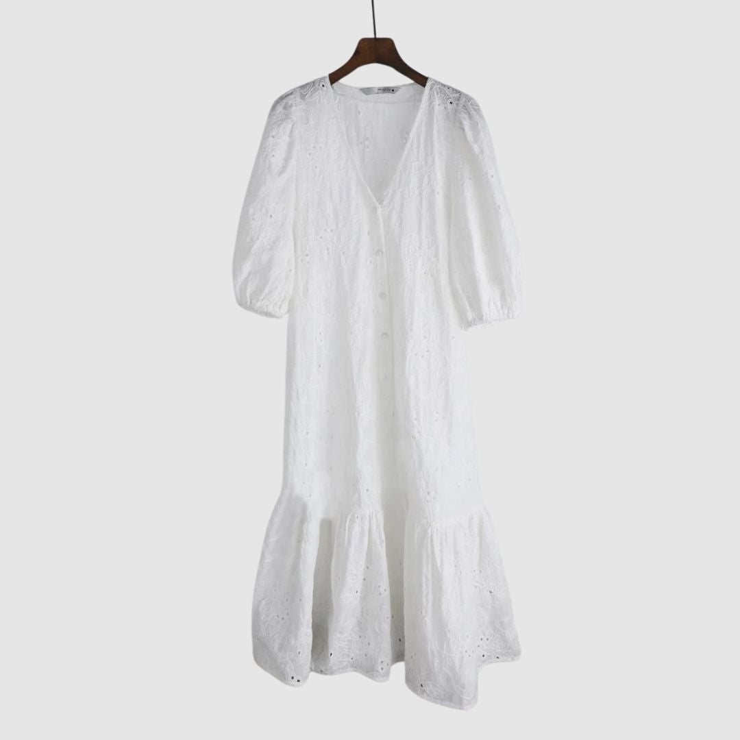 Daniella Midi-kjole med broderi og puffermer