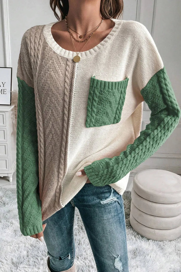 Trendy genser med rund hals og fargeblokk for kvinner