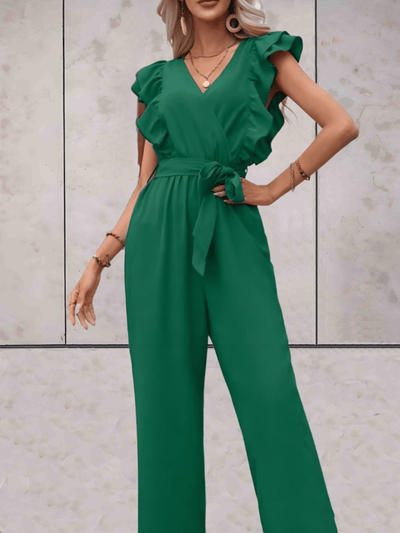 Stilig jumpsuit med V-hals og volanger for kvinner