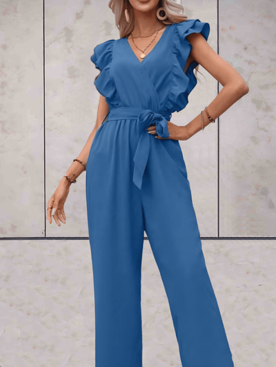Stilig jumpsuit med V-hals og volanger for kvinner
