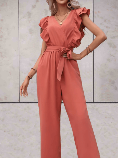 Stilig jumpsuit med V-hals og volanger for kvinner