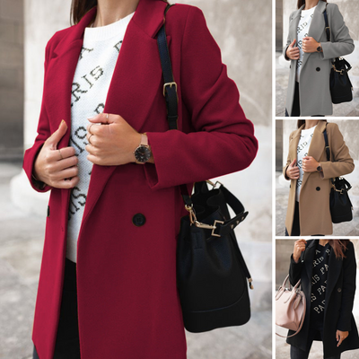 Shelly - Ny ensfarget dressjakke i ull med krage og doble knapper