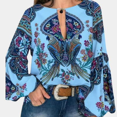 Elegant blomstret bluse med lanterne ermer for kvinner