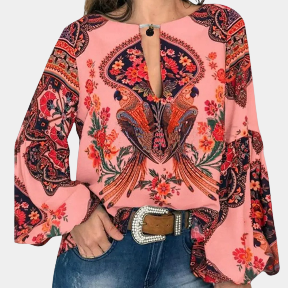 Elegant blomstret bluse med lanterne ermer for kvinner