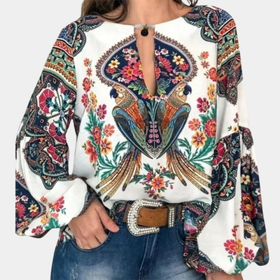 Elegant blomstret bluse med lanterne ermer for kvinner