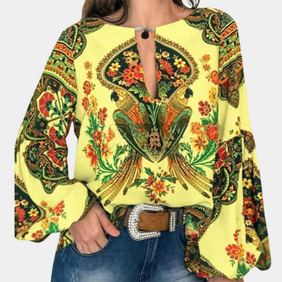 Elegant blomstret bluse med lanterne ermer for kvinner