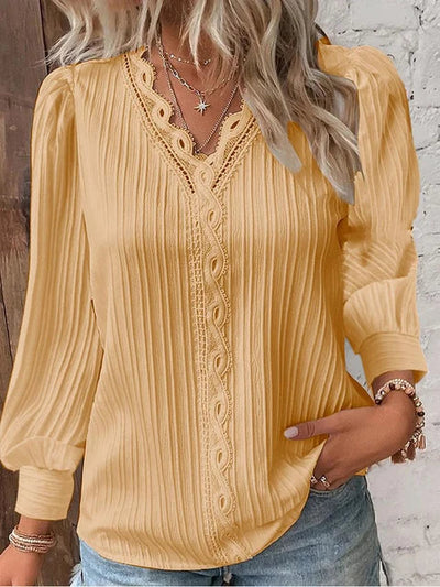 Elegant strikket langermet bluse med V-hals for kvinner