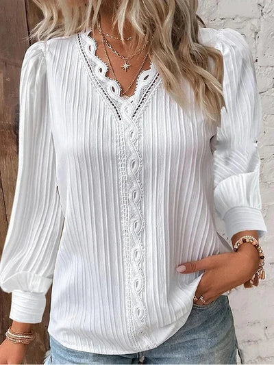 Elegant strikket langermet bluse med V-hals for kvinner