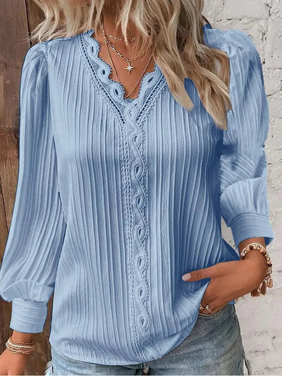 Elegant strikket langermet bluse med V-hals for kvinner