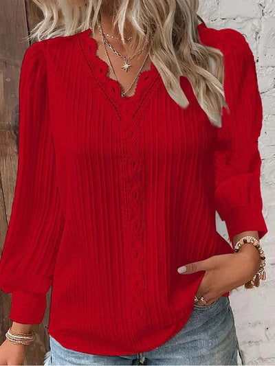 Elegant strikket langermet bluse med V-hals for kvinner