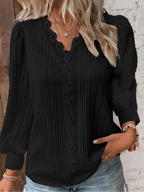 Elegant strikket langermet bluse med V-hals for kvinner
