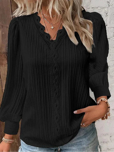 Elegant strikket langermet bluse med V-hals for kvinner