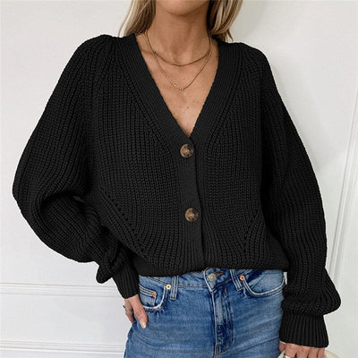 Elegant, allsidig strikket cardigan med dyp v-hals for kvinner