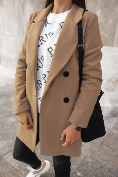 Shelly - Ny ensfarget dressjakke i ull med krage og doble knapper