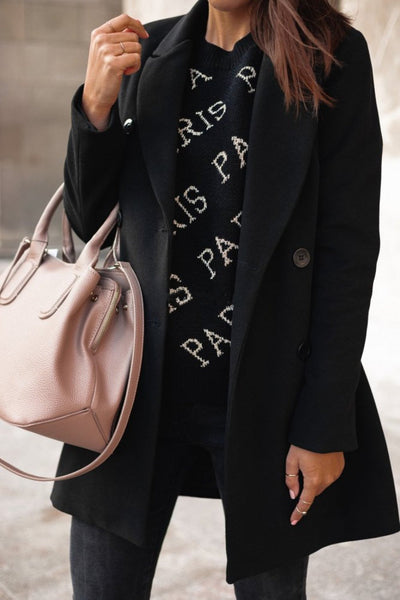 Shelly - Ny ensfarget dressjakke i ull med krage og doble knapper