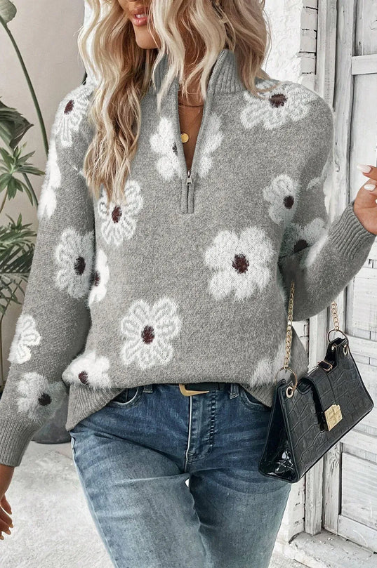 Varm genser med blomstret halv glidelås for dame