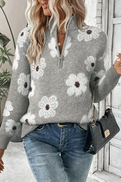 Varm genser med blomstret halv glidelås for dame